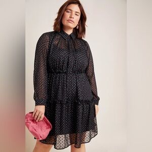 Anthropologie Eva Franco Haven Ruffled Polka Dot Long Sleeve Tunic Dress Size 14